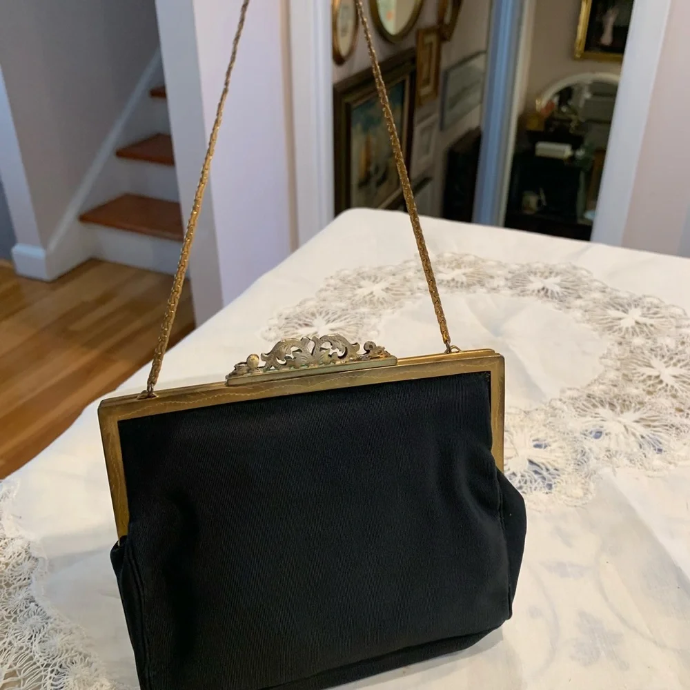 Antique Victorian petit point needlepoint brass Evening Purse